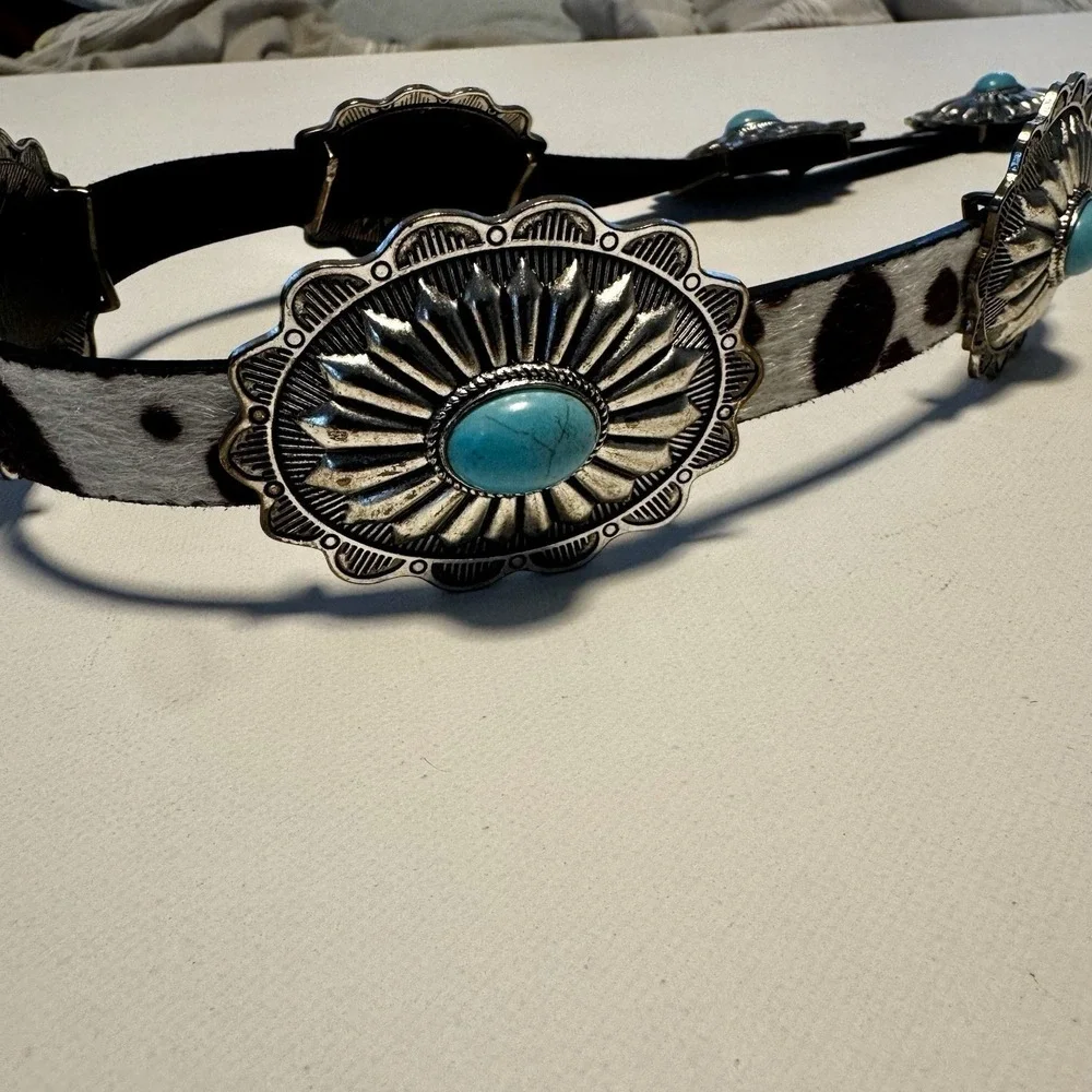 Haute Hippie Cow Print Silver and Turquoise Chain‎ Concho Belt NWT  One Size
